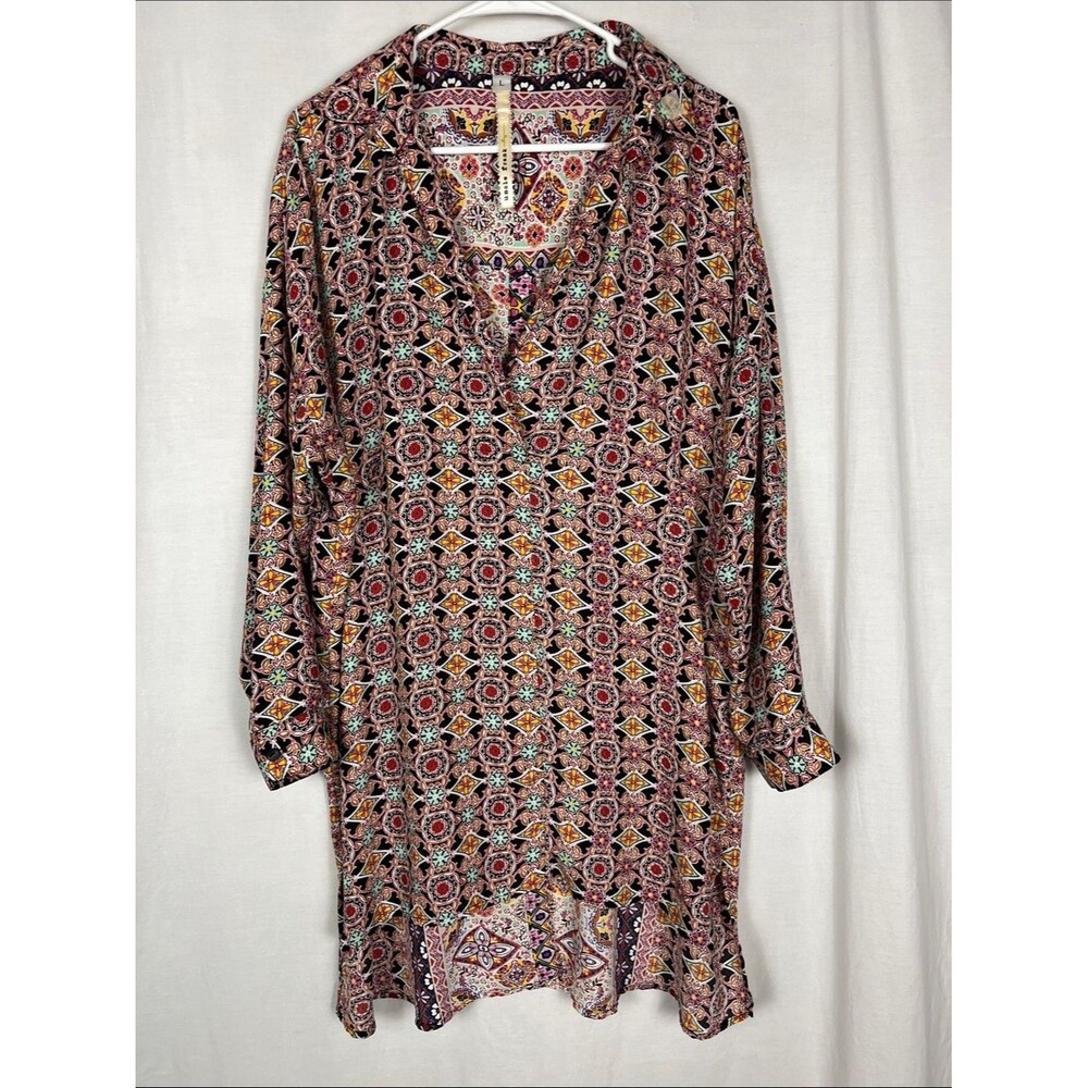 Uncle Frank Boho Black and Red Long Sleeve Tunic Blouse Cover Up